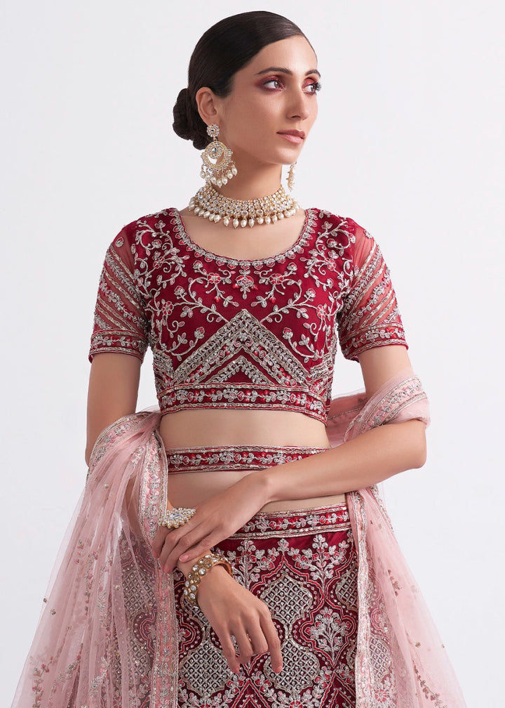 Shades Of Pink Net Lehenga Choli with Handcrafted Cording, Thread, and Stone Work - House of Sarvati LLC
