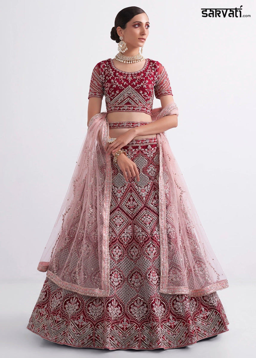 Shades Of Pink Net Lehenga Choli with Handcrafted Cording, Thread, and Stone Work - House of Sarvati LLC
