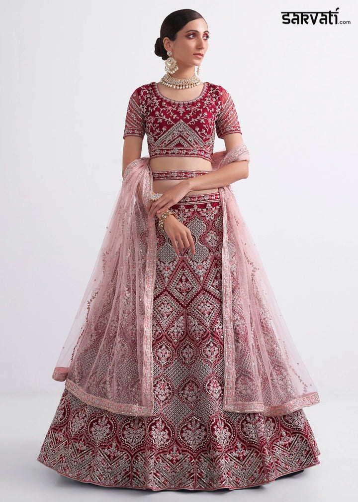 Shades Of Pink Net Lehenga Choli with Handcrafted Cording, Thread, and Stone Work - House of Sarvati LLC