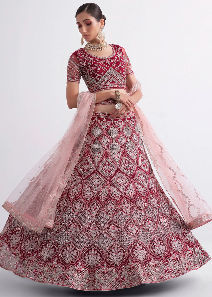 Shades Of Pink Net Lehenga Choli with Handcrafted Cording, Thread, and Stone Work - House of Sarvati LLC