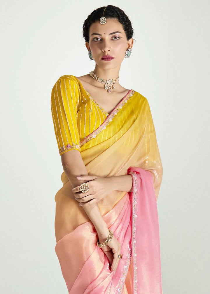 Shades Of Pink Organza Tissue Saree Paired with Embroidered Blouse - House of Sarvati LLC