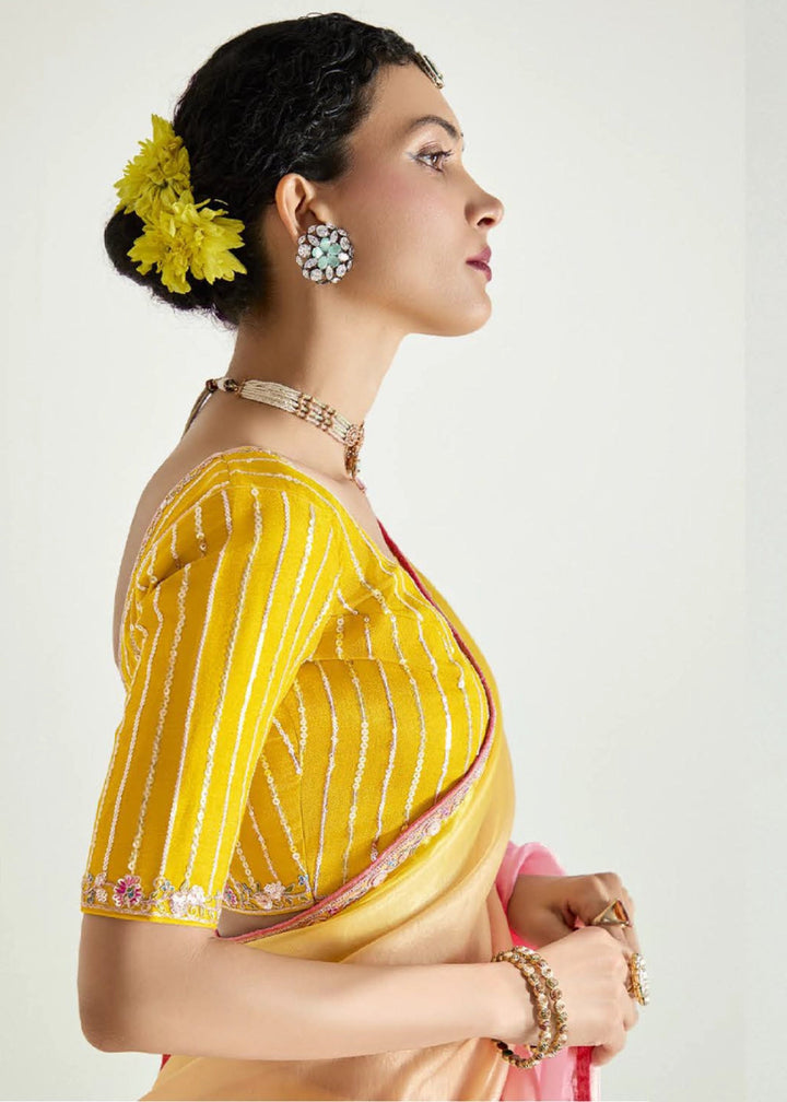 Shades Of Pink Organza Tissue Saree Paired with Embroidered Blouse - House of Sarvati LLC