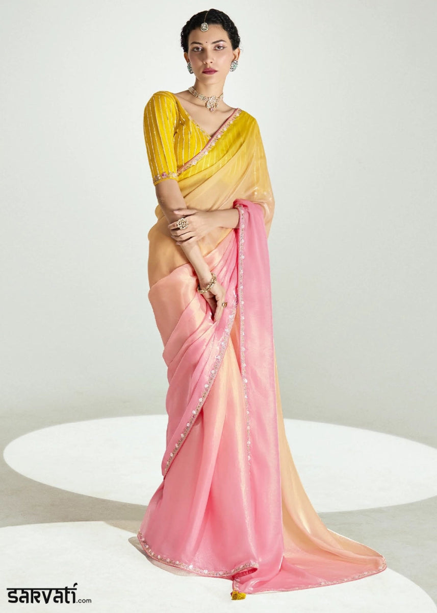 Shades Of Pink Organza Tissue Saree Paired with Embroidered Blouse - House of Sarvati LLC