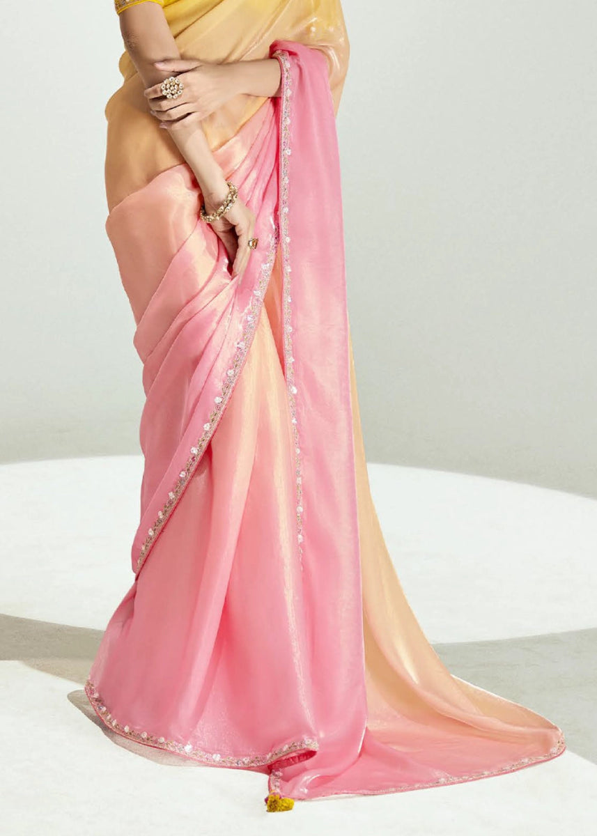 Shades Of Pink Organza Tissue Saree Paired with Embroidered Blouse - House of Sarvati LLC