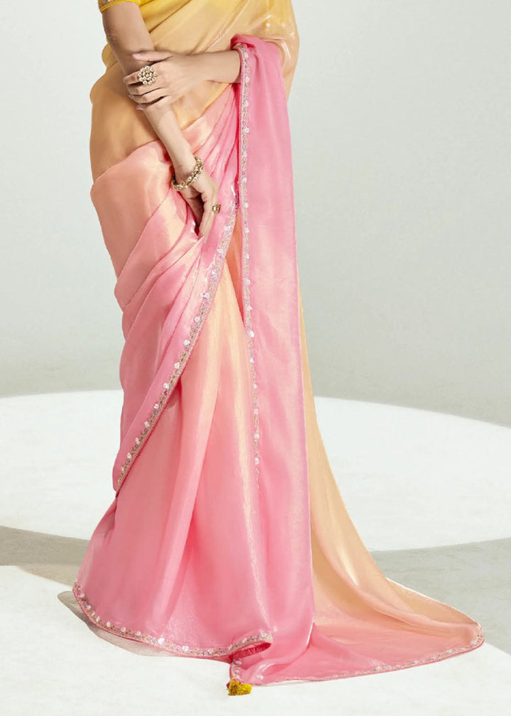 Shades Of Pink Organza Tissue Saree Paired with Embroidered Blouse - House of Sarvati LLC