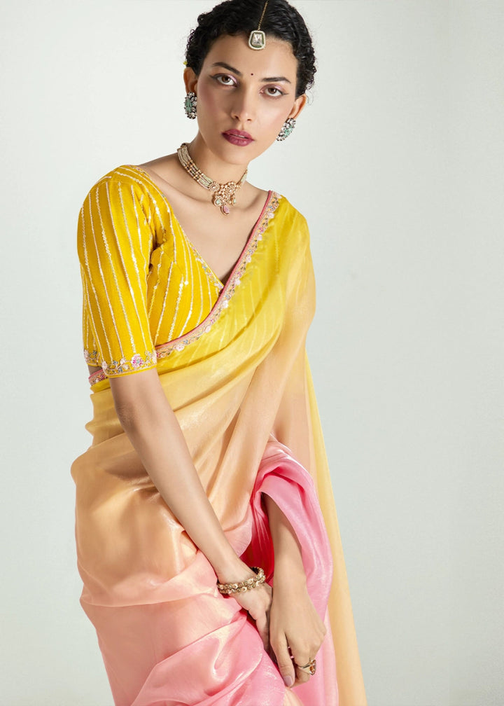 Shades Of Pink Organza Tissue Saree Paired with Embroidered Blouse - House of Sarvati LLC