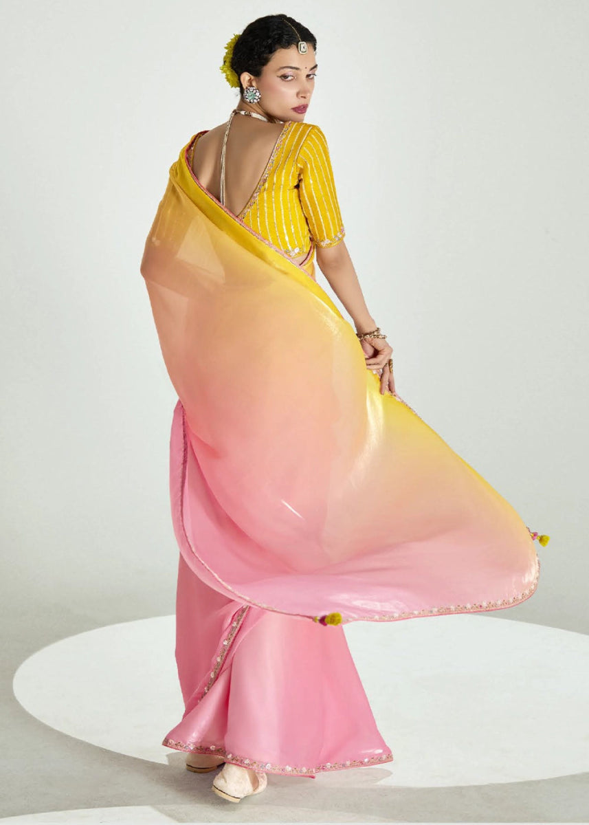Shades Of Pink Organza Tissue Saree Paired with Embroidered Blouse - House of Sarvati LLC