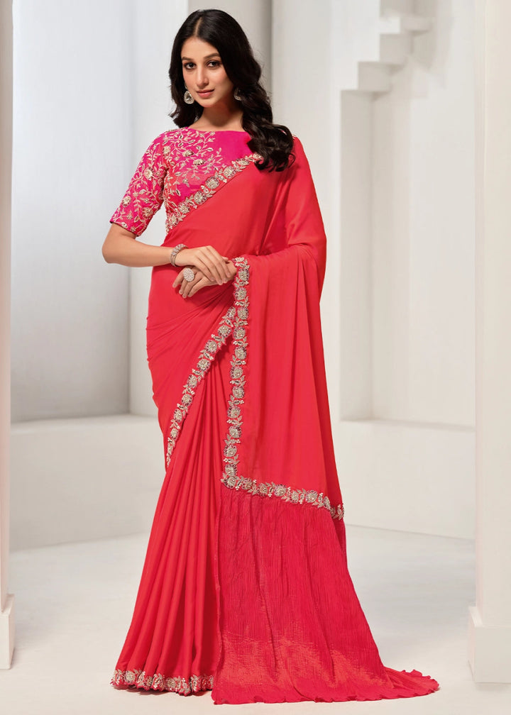 Shades Of Pink Satin Silk Saree with Glamorous Sequin Detailing - House of Sarvati LLC