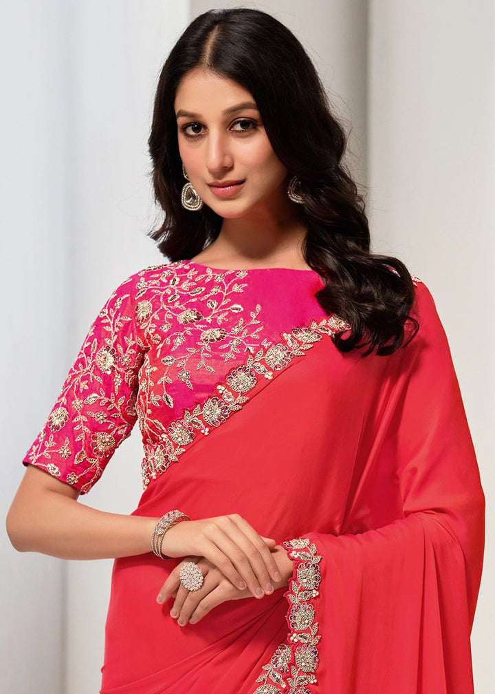 Shades Of Pink Satin Silk Saree with Glamorous Sequin Detailing - House of Sarvati LLC