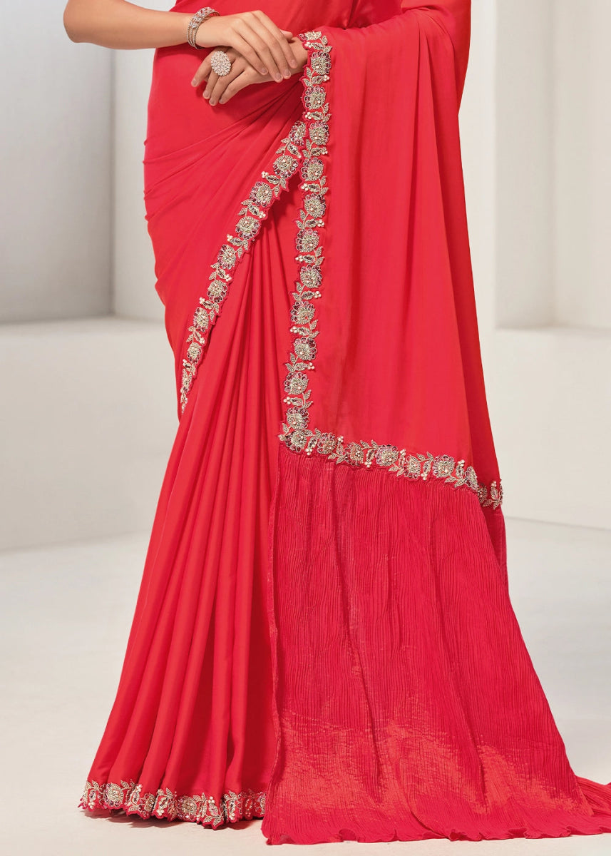 Shades Of Pink Satin Silk Saree with Glamorous Sequin Detailing - House of Sarvati LLC