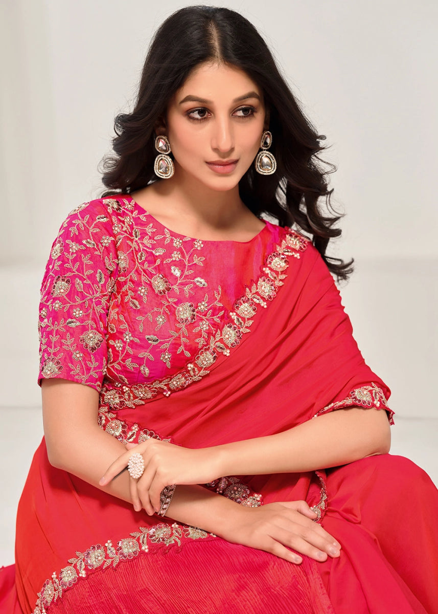 Shades Of Pink Satin Silk Saree with Glamorous Sequin Detailing - House of Sarvati LLC