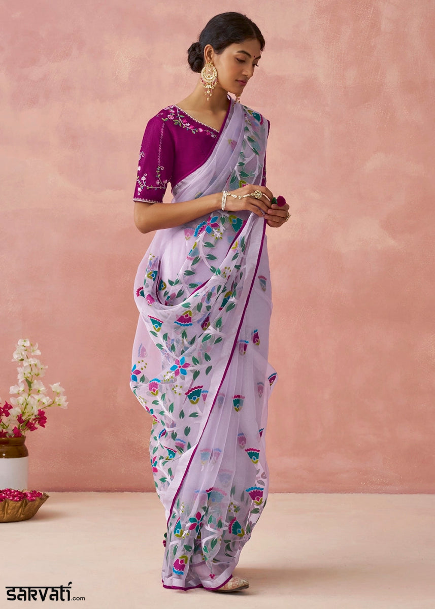 Shades Of Purple Brasso Organza Saree with Designer Embroidered Blouse - House of Sarvati LLC