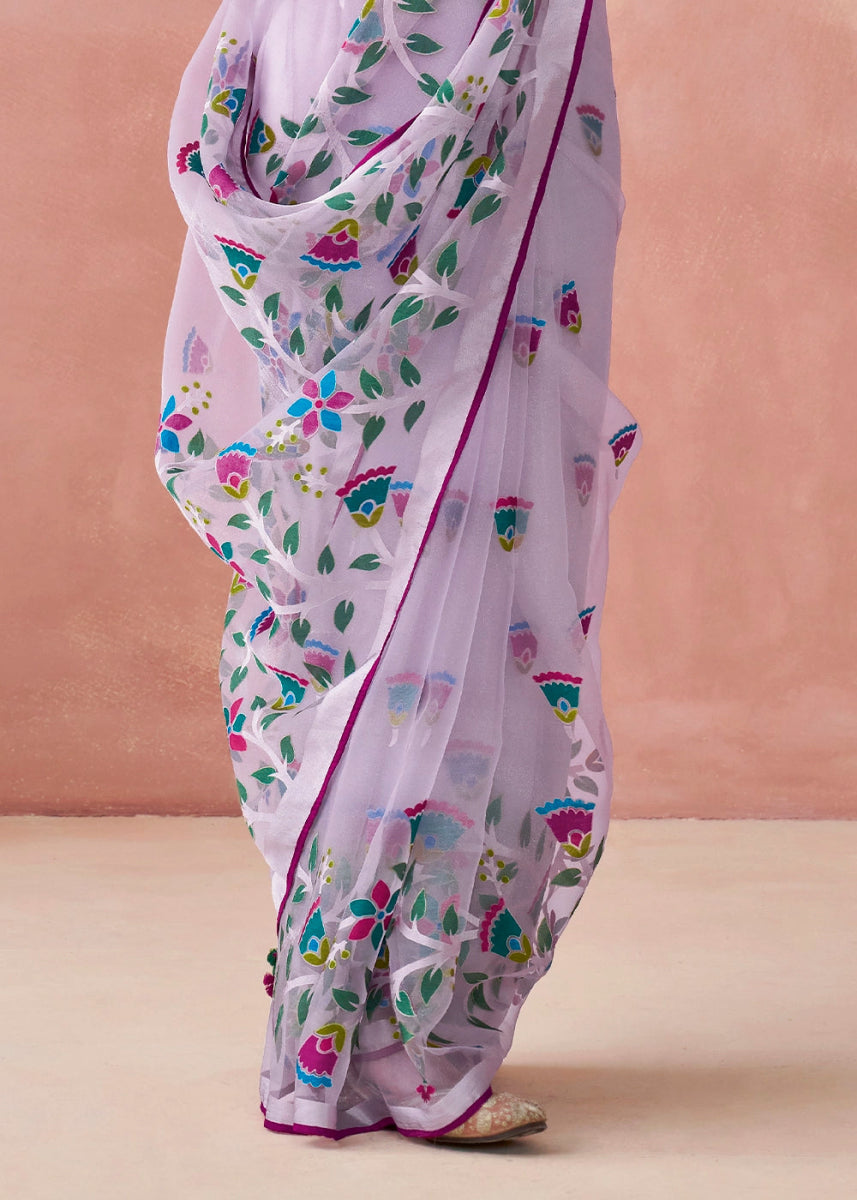 Shades Of Purple Brasso Organza Saree with Designer Embroidered Blouse - House of Sarvati LLC