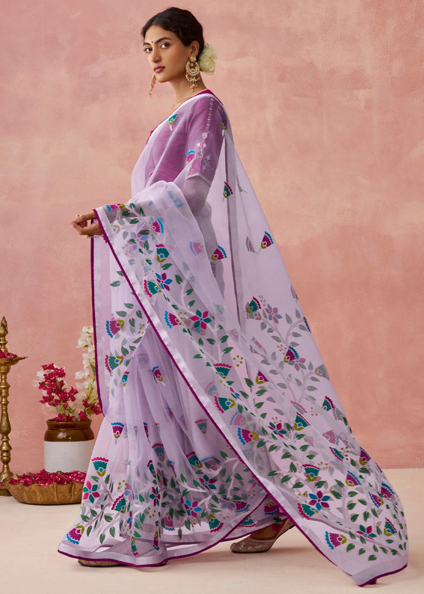 Shades Of Purple Brasso Organza Saree with Designer Embroidered Blouse - House of Sarvati LLC