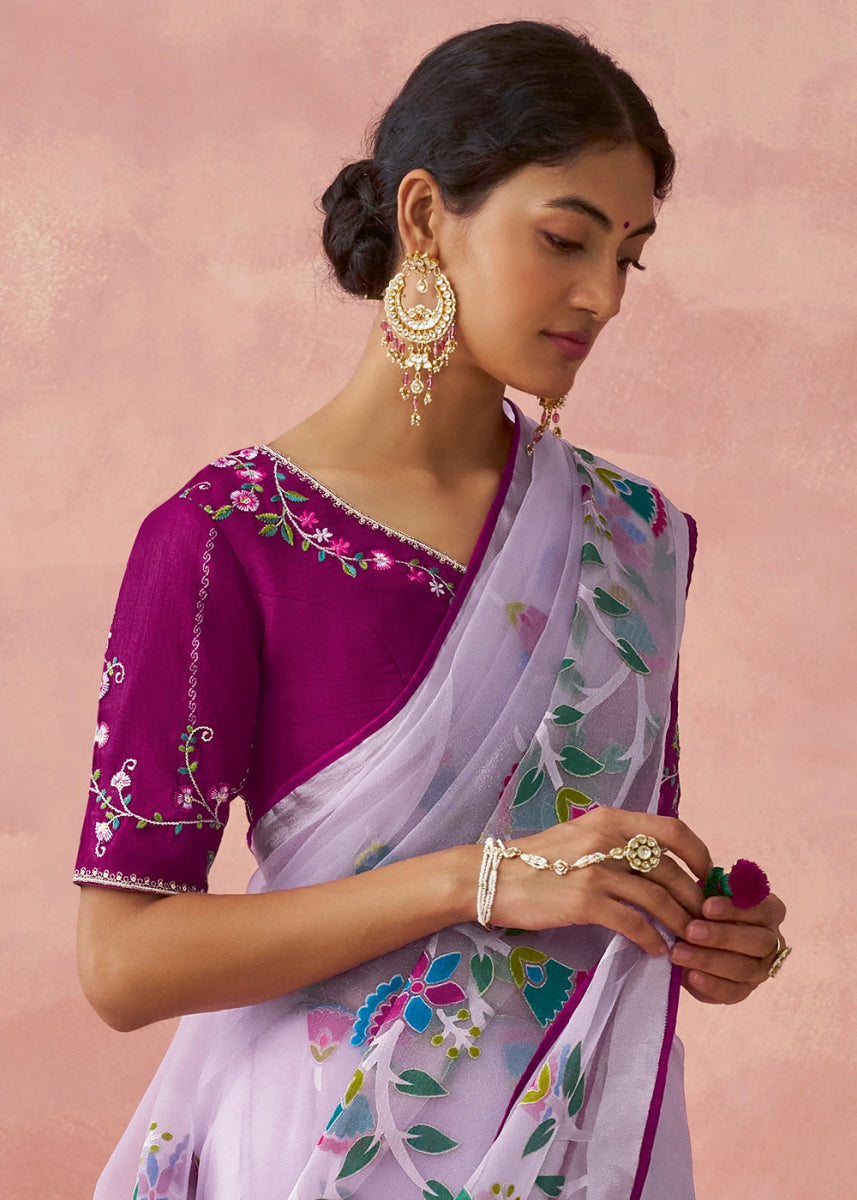 Shades Of Purple Brasso Organza Saree with Designer Embroidered Blouse - House of Sarvati LLC