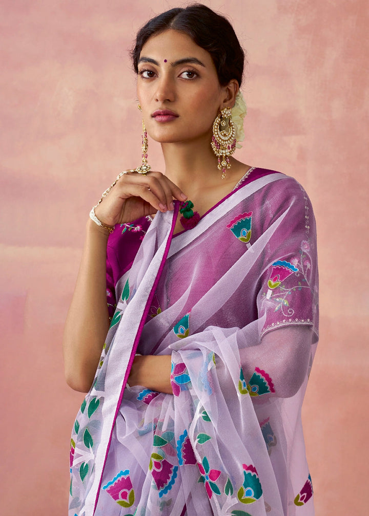 Shades Of Purple Brasso Organza Saree with Designer Embroidered Blouse - House of Sarvati LLC