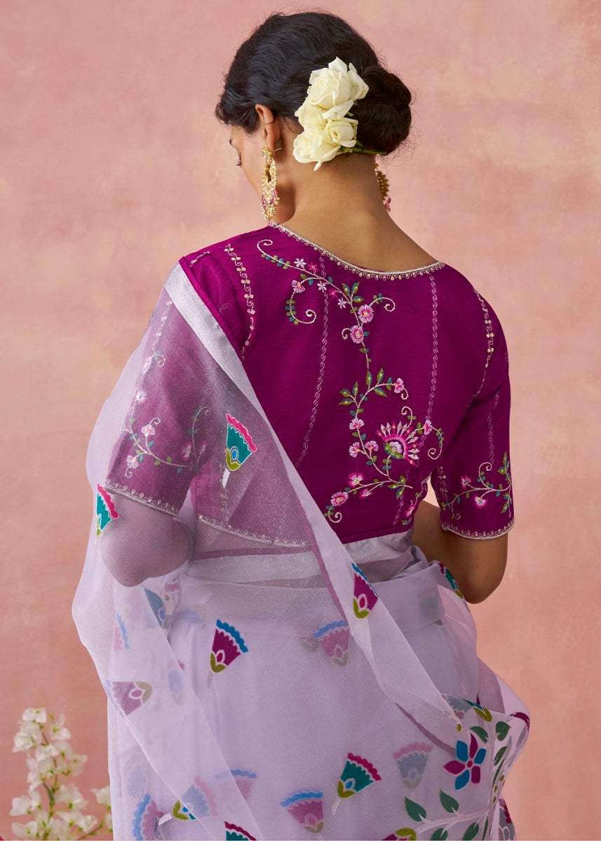 Shades Of Purple Brasso Organza Saree with Designer Embroidered Blouse - House of Sarvati LLC