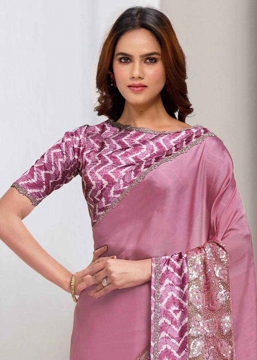 Shades of Purple Crepe Georgette Saree with Sequins & Appliqué Detailing - House of Sarvati LLC
