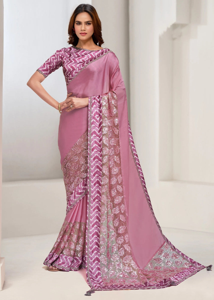Shades of Purple Crepe Georgette Saree with Sequins & Appliqué Detailing - House of Sarvati LLC