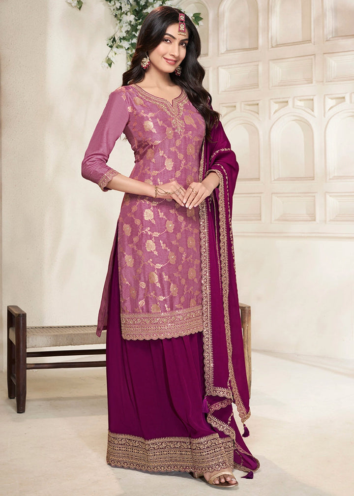 Shades Of Purple Dola Silk Sharara Suit with Intricate Jacquard Detailing - House of Sarvati LLC