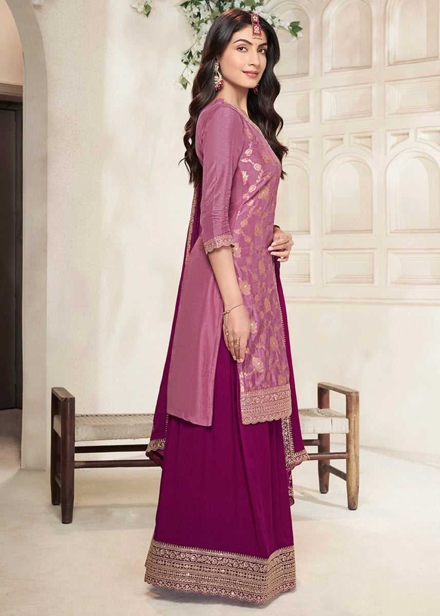 Shades Of Purple Dola Silk Sharara Suit with Intricate Jacquard Detailing - House of Sarvati LLC