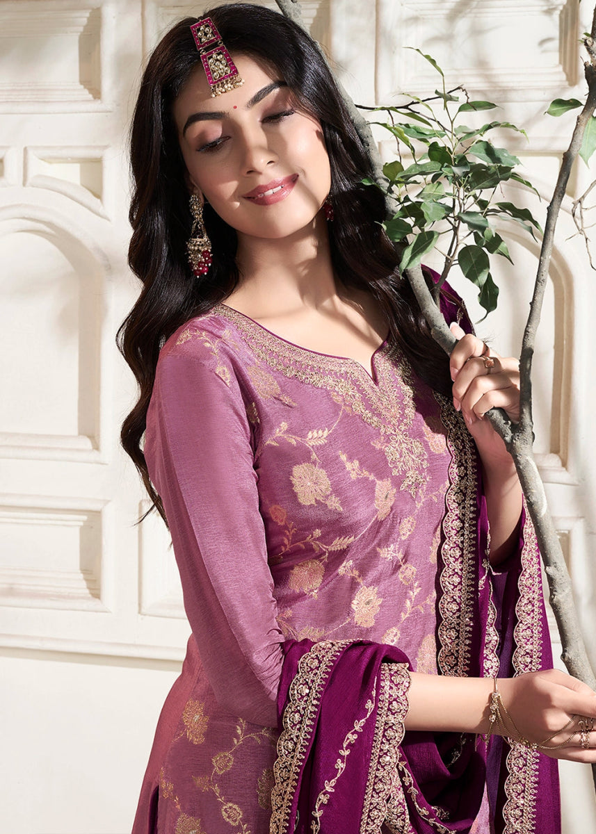 Shades Of Purple Dola Silk Sharara Suit with Intricate Jacquard Detailing - House of Sarvati LLC
