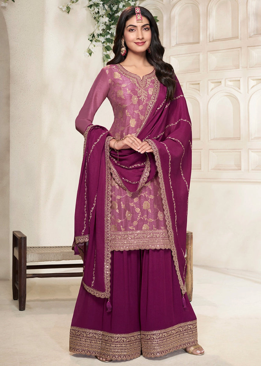Shades Of Purple Dola Silk Sharara Suit with Intricate Jacquard Detailing - House of Sarvati LLC