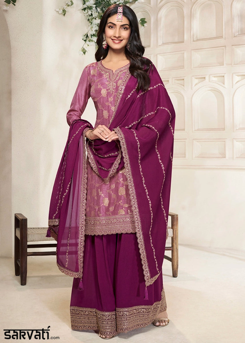 Shades Of Purple Dola Silk Sharara Suit with Intricate Jacquard Detailing - House of Sarvati LLC