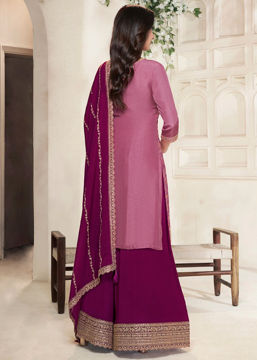 Shades Of Purple Dola Silk Sharara Suit with Intricate Jacquard Detailing - House of Sarvati LLC