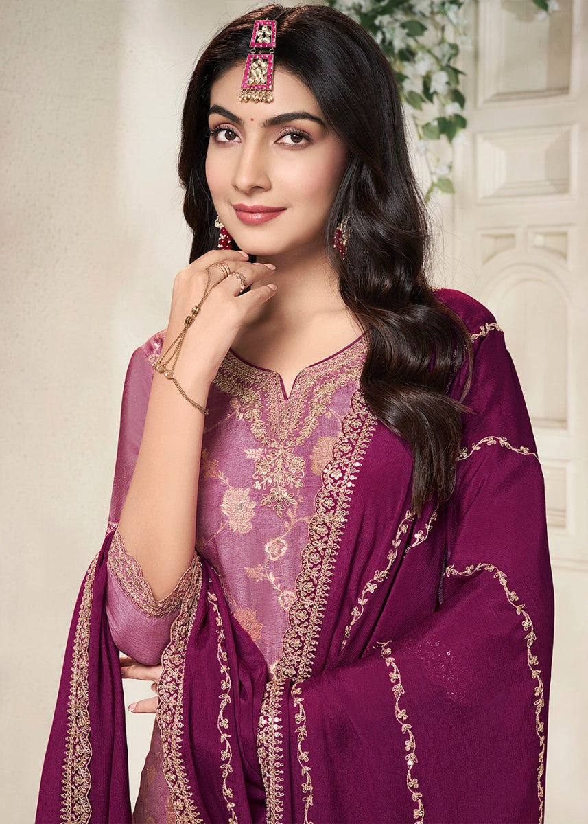 Shades Of Purple Dola Silk Sharara Suit with Intricate Jacquard Detailing - House of Sarvati LLC