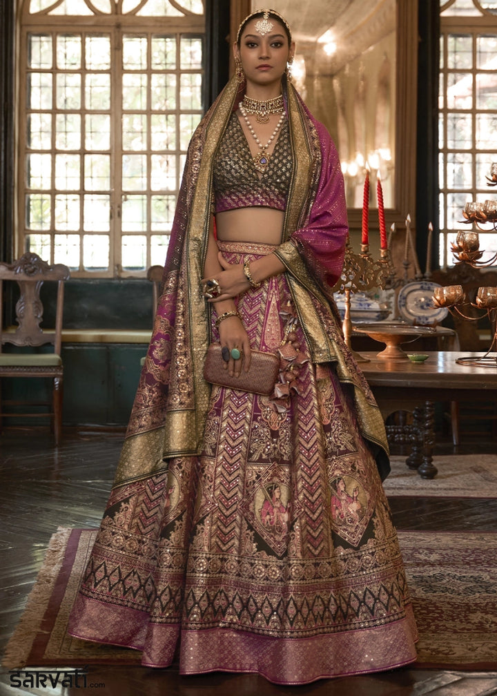Shades Of Purple Embellished Rajwadi Silk Lehenga Choli with Aari Mirror Work - House of Sarvati LLC