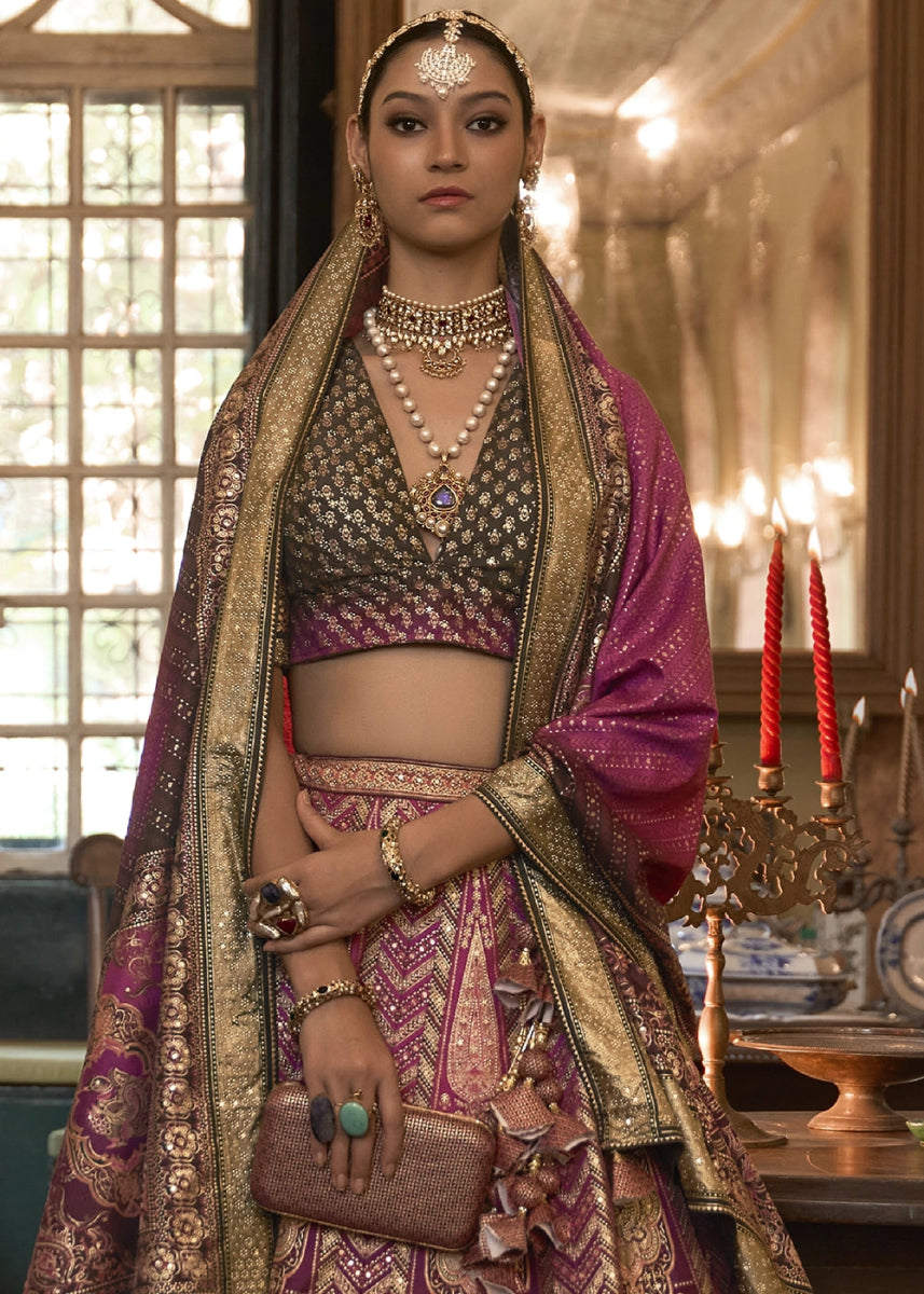 Shades Of Purple Embellished Rajwadi Silk Lehenga Choli with Aari Mirror Work - House of Sarvati LLC