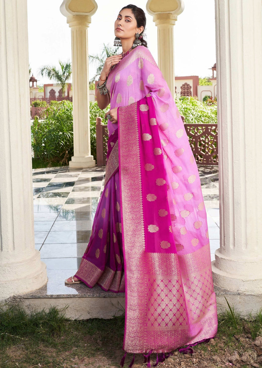 Shades Of Purple Georgette Silk Saree with Ornate Zari Border & Pallu - House of Sarvati LLC
