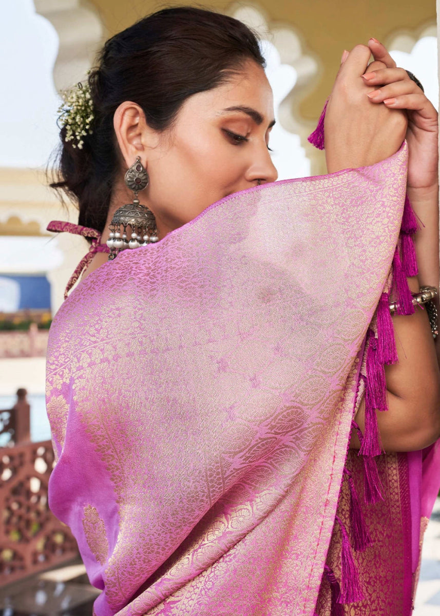 Shades Of Purple Georgette Silk Saree with Ornate Zari Border & Pallu - House of Sarvati LLC