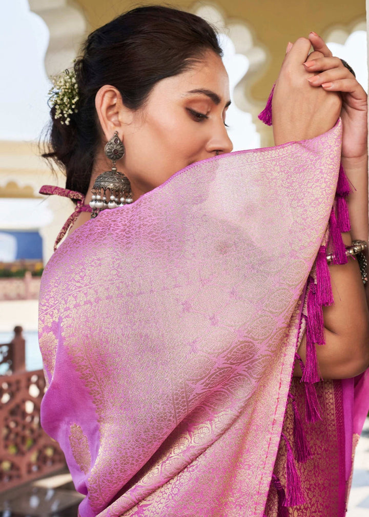 Shades Of Purple Georgette Silk Saree with Ornate Zari Border & Pallu - House of Sarvati LLC