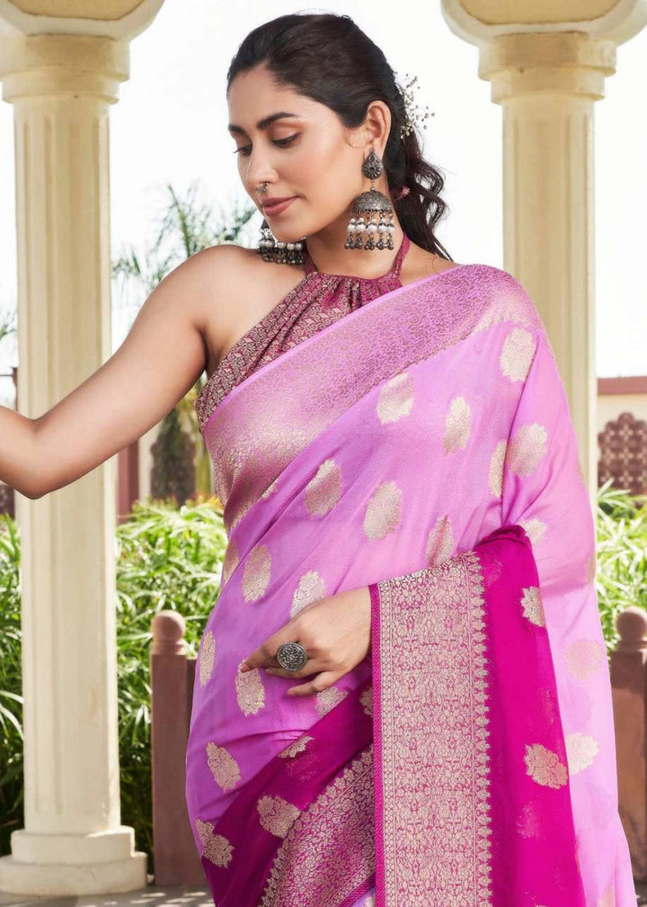 Shades Of Purple Georgette Silk Saree with Ornate Zari Border & Pallu - House of Sarvati LLC