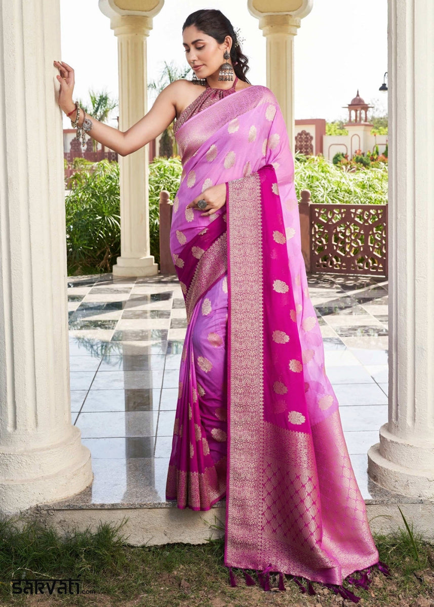 Shades Of Purple Georgette Silk Saree with Ornate Zari Border & Pallu - House of Sarvati LLC