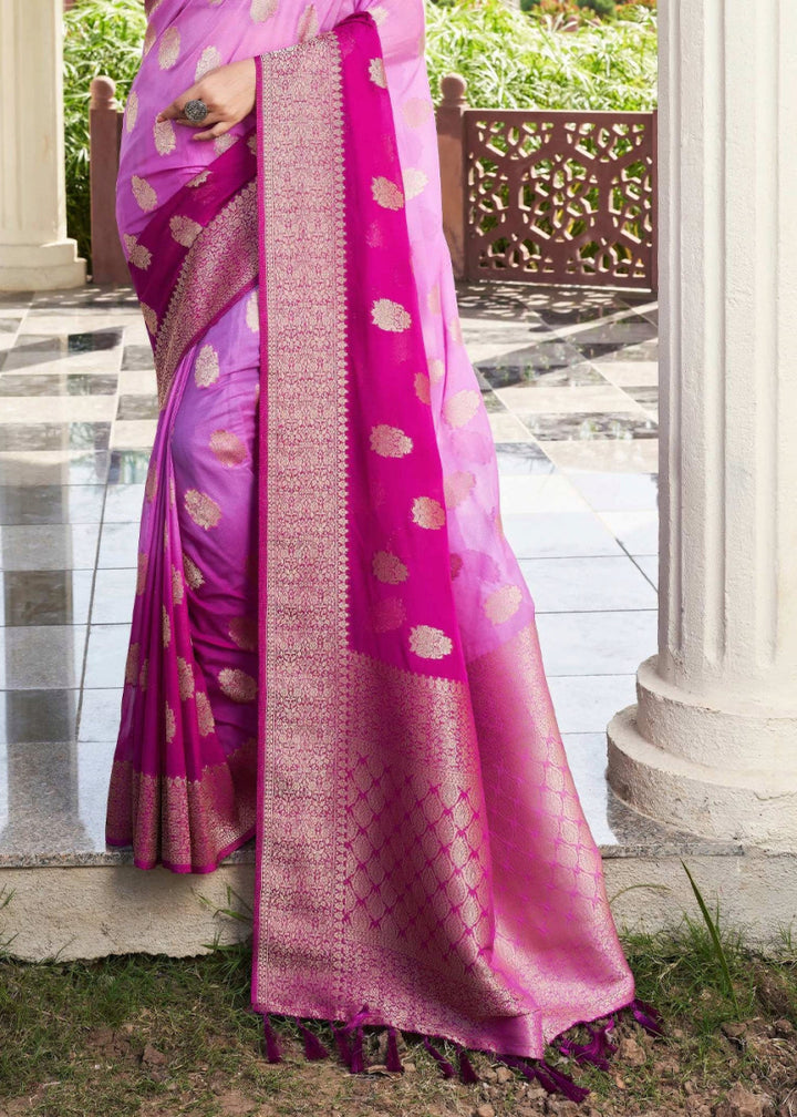 Shades Of Purple Georgette Silk Saree with Ornate Zari Border & Pallu - House of Sarvati LLC