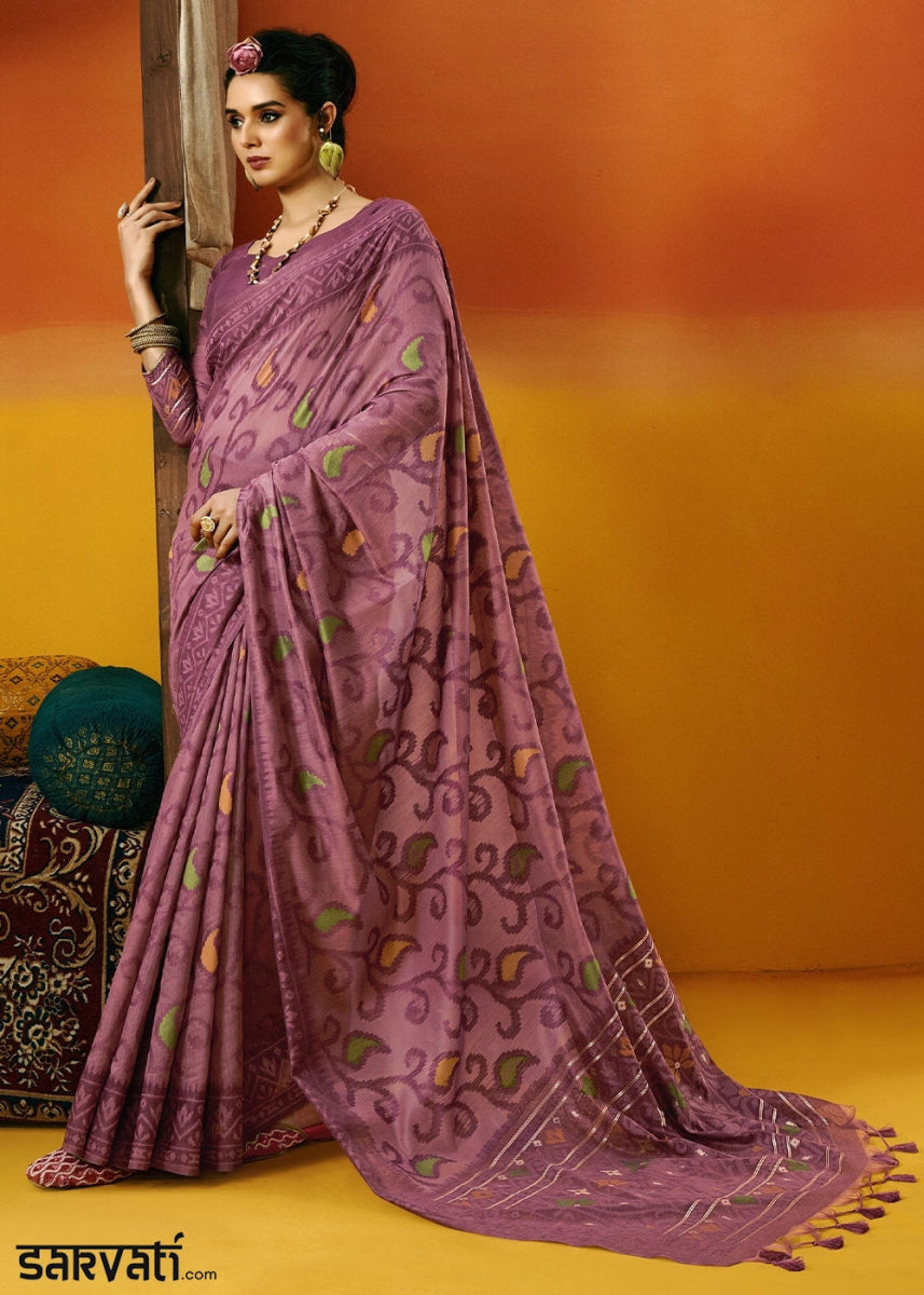Shades Of Purple Handwoven Spun Cotton Saree with Floral Prints - House of Sarvati LLC