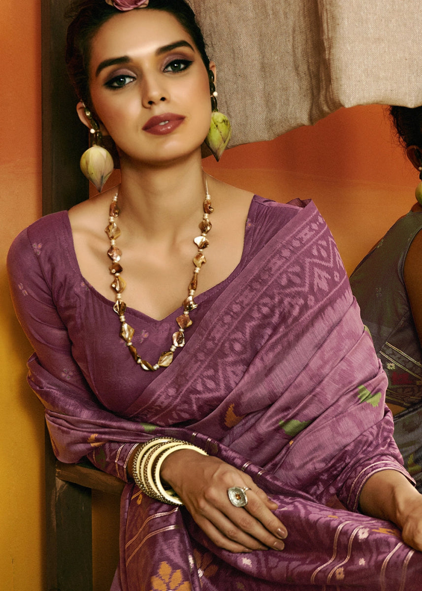 Shades Of Purple Handwoven Spun Cotton Saree with Floral Prints - House of Sarvati LLC