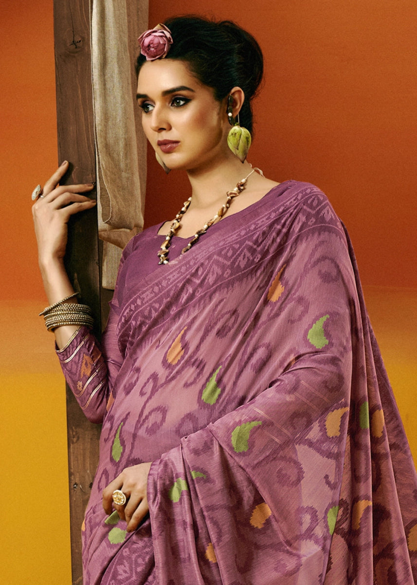 Shades Of Purple Handwoven Spun Cotton Saree with Floral Prints - House of Sarvati LLC