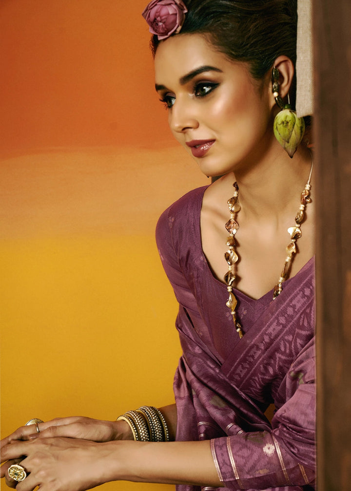 Shades Of Purple Handwoven Spun Cotton Saree with Floral Prints - House of Sarvati LLC