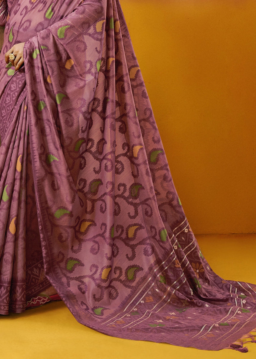Shades Of Purple Handwoven Spun Cotton Saree with Floral Prints - House of Sarvati LLC