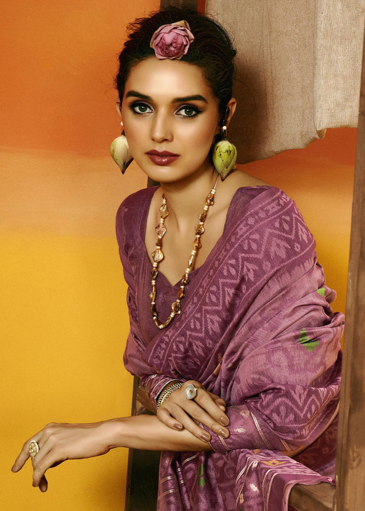 Shades Of Purple Handwoven Spun Cotton Saree with Floral Prints - House of Sarvati LLC