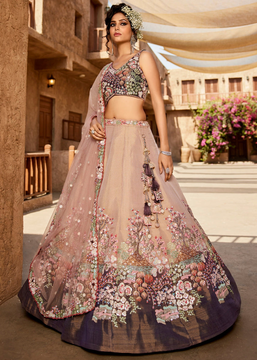 Shades Of Purple Net Indian Lehenga Choli with Zarkan, Coding & Sequin Detailing - House of Sarvati LLC