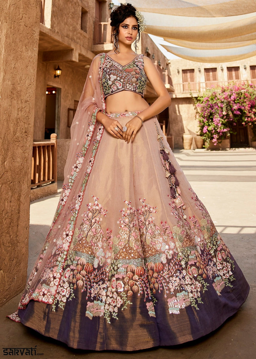 Shades Of Purple Net Indian Lehenga Choli with Zarkan, Coding & Sequin Detailing - House of Sarvati LLC