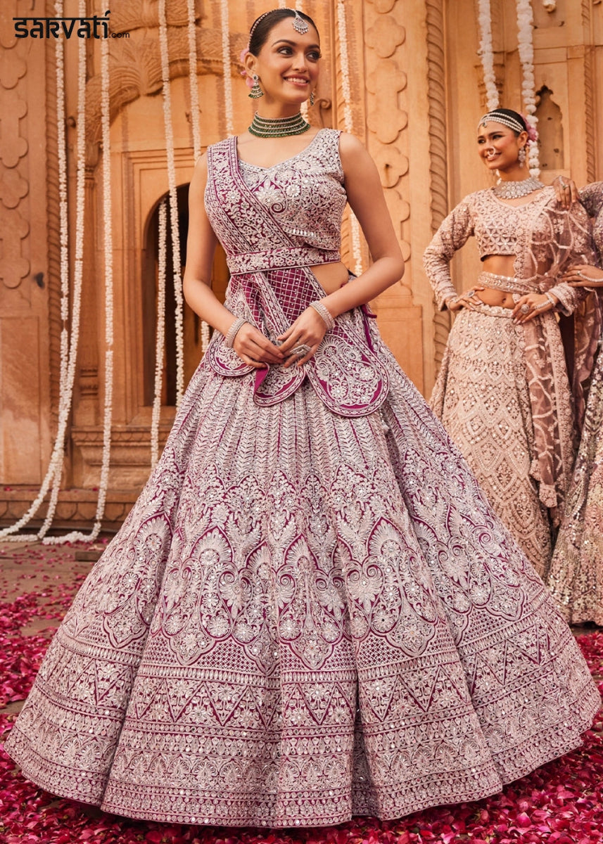 Shades Of Purple Net Lehenga Choli with Embroidery and Sparkling Sequins Work - House of Sarvati LLC