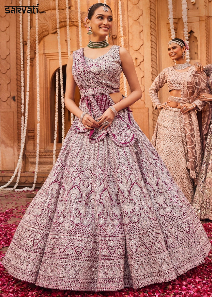 Shades Of Purple Net Lehenga Choli with Embroidery and Sparkling Sequins Work - House of Sarvati LLC