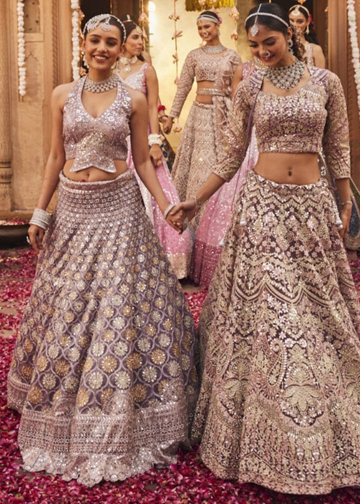 Shades Of Purple Net Lehenga Choli with Embroidery and Sparkling Sequins Work - House of Sarvati LLC