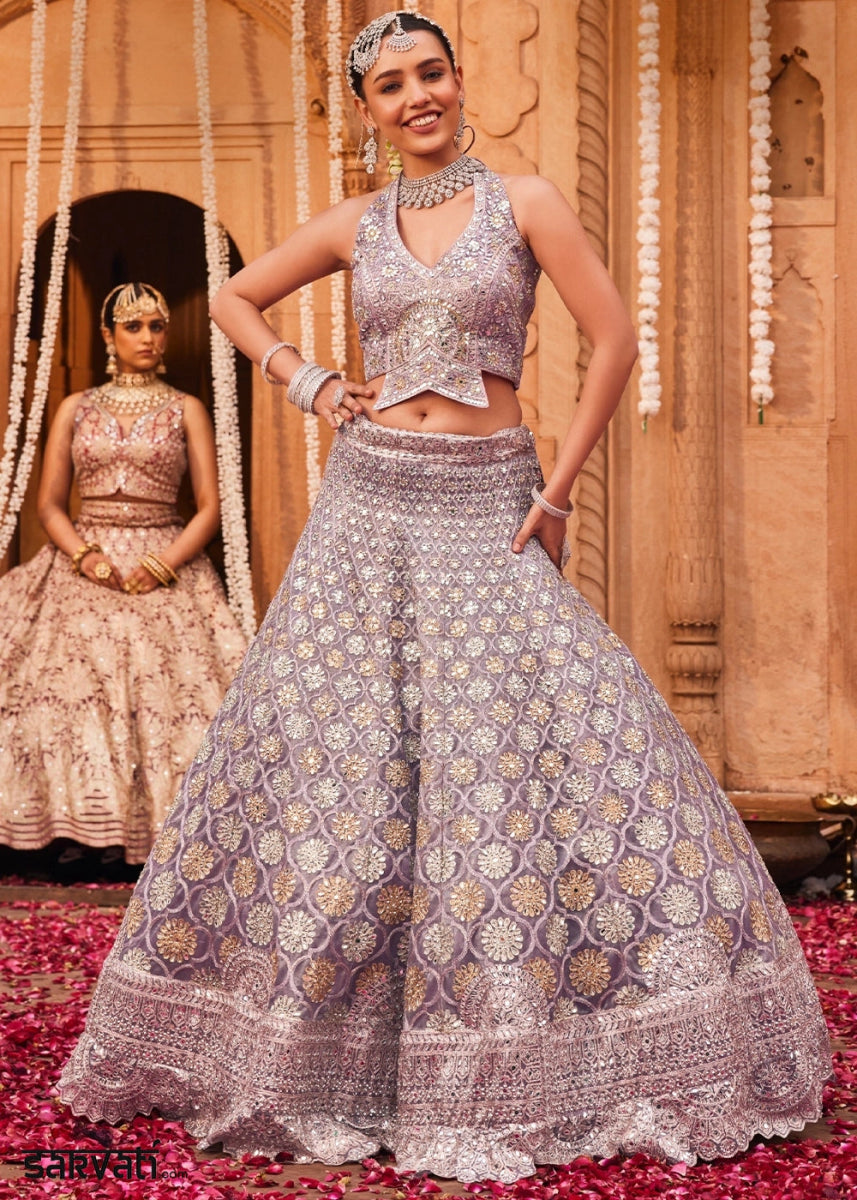 Shades Of Purple Net Lehenga Choli with Embroidery and Sparkling Sequins Work - House of Sarvati LLC